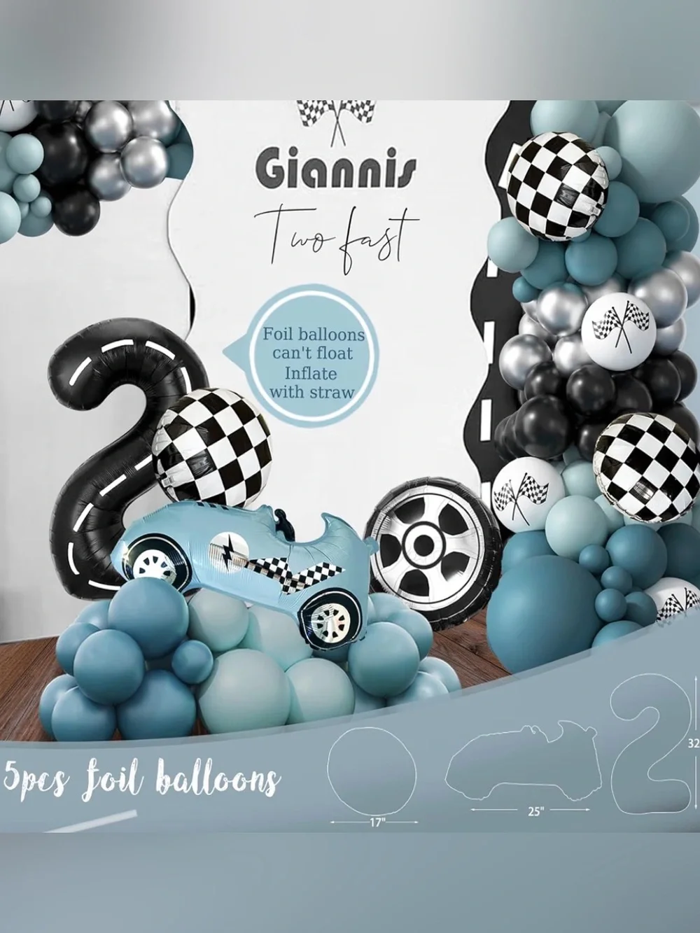 Two Fast Aqua Blue Racing Party Balloon Kit Decorations 2nd Birthday